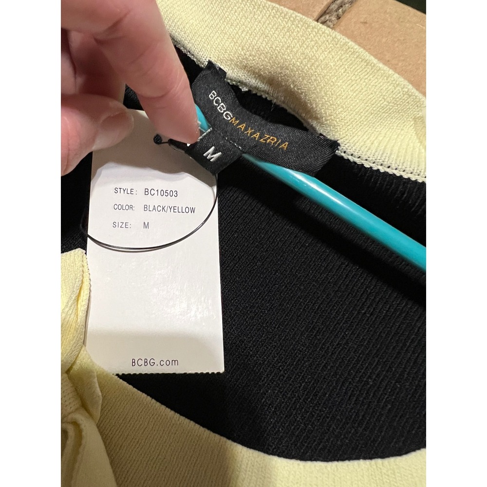 BCBGMAXAZRIA Black Yellow Contrast Trim Pearl Button Cardigan BC10503 Womens M - Picture 5 of 12